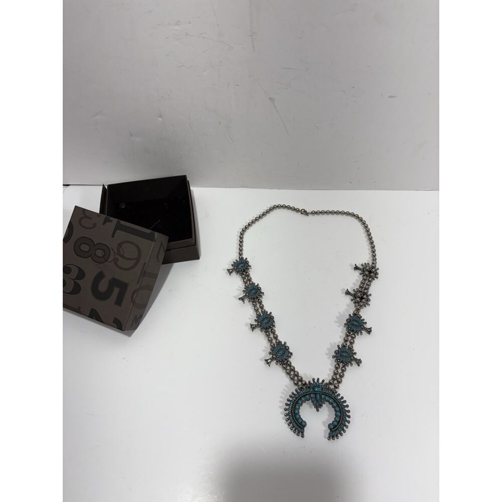 Vintage Native American Squash‎ Blossom Necklace Needlepoint Turquoise Gorgeous!